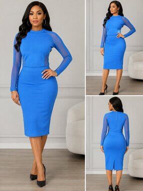 REVAMPED Blue 2-Piece Skirt Set XL | NWT Mesh Long Sleeve Top & Pencil Skirt